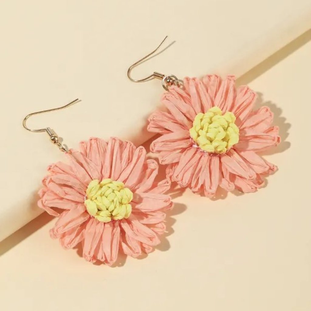 Light Pink & Yellow Raffia Flower Tropical Beach Vacation Dangle Earrings New